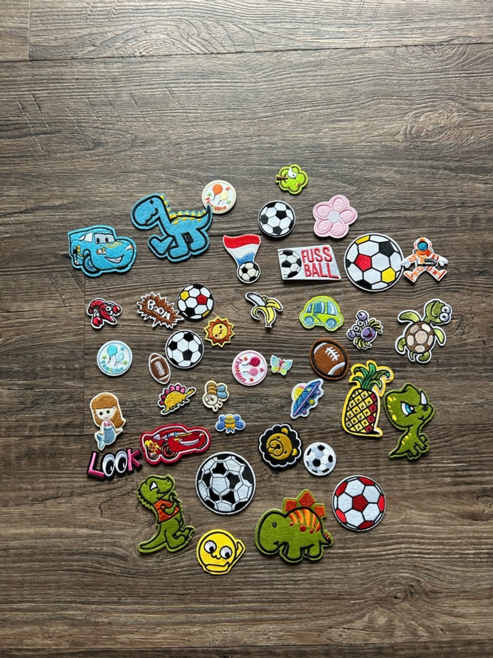 35+ Assorted Kids Iron-On Cartoon Patch Set Colorful Soccer Dino & Fruit Designs